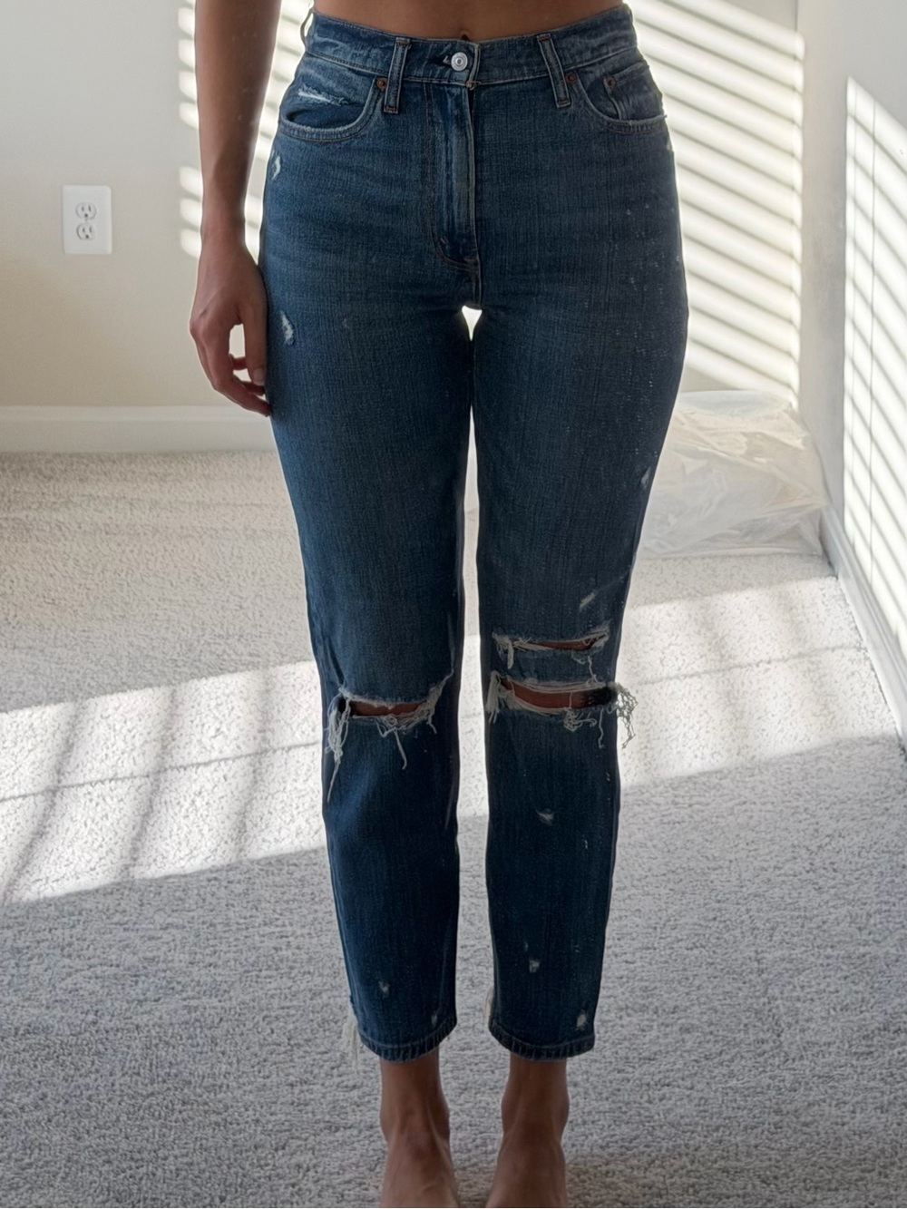Abercrombie & Fitch Dark Blue High-Rise Distressed Ankle Jeans